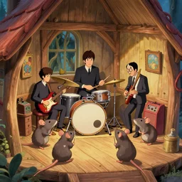 small rats playing in a rock band inspired by the beatles, inside wooden house and furniture, style by disney, studio ghibli, pixar, intricated, beautiful, dreamlike, 7 0 s pallete, high quality, trending on artstation