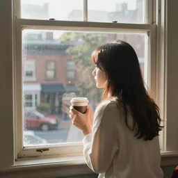 “ a girl holding a cup of coffee looking out a window overlooking the east village in new york city, morning light, by hayao miyazaki ”