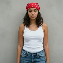 portrait of a los angeles female gang member, wearing a red headscarf, a white tank top, and jeans, by donato giancola.