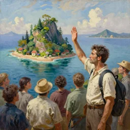 ( ( a beautiful 8 k photorealistic masterpiece oil painting ) ( of ( man who is leaving the mainland to go to a new island, waving to the mainlanders ) ( the inhabitants of the new island look at the man, serious in the background, on their island ) ) ( hyperrealism ) ( 1 6 k ) ( trending on artstation )