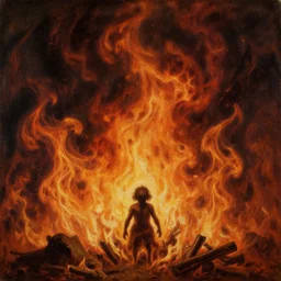 a tiny human being tormented in the huge eternal flames of hell, dark, disturbing, uneasy, unsettling, by hieronymus bosch, trending on artstation, trending on nightcafe, by alexander fedosa oil on canvas