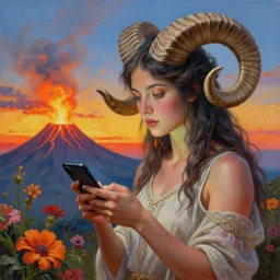 painting by josephine wall, goddess with horns of a ram, checking her cell phone, erupting volcano in distance, sunset, flowers in foreground, zodiac, fantasy, acrylic on canvas, intricately detailed, highly detailed, high resolution, hdr, 8 k, by senior concept artist, trending on artstation