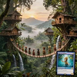 jungle rainforest cliffs with treehouse village. tiered catwalks and rope bridges. wooden cabins. foggy valley and mountains fading into the distance, at sunset. waterfalls. neverland. peter pan kids wearing war paint and headdresses, standing on the rope bridges. swimming in basalt lagoon. magic the gathering card art by greg rutkowski.
