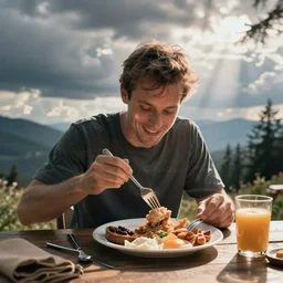 color photo of a champion eating a breakfast, dynamic lighting, cinematic tone.