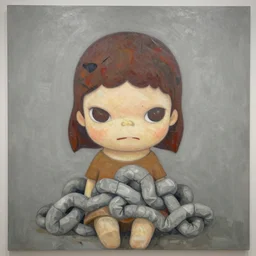 painterly warped wadded knotted heap, dull grey expressionism, masterful rendering masterpiece mural chibi portrait entitled innocence by yoshitomo nara