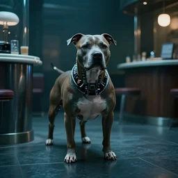 cyborg - pitbull in a plastic hotel lobby, in 2 0 5 5, y 2 k cybercore, industrial low - light photography, still from a ridley scott movie