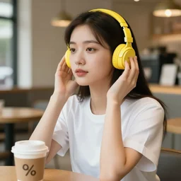 young adult asian woman in a coffee shop wearing bright yellow headphones and a leather jacket looking unamused, natural light, magazine photo, 5 0 mm
