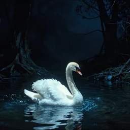 dark eerie movie frame, greek fantasy panorama, a shining swan in the magic shining river styx, at night, otherworldly, stanley kubrick, 1 7 mm, wide shot, surreal, deep, detailed 4 k