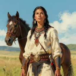 brave Cheyenne warrior woman in the style of Charlie Bowater