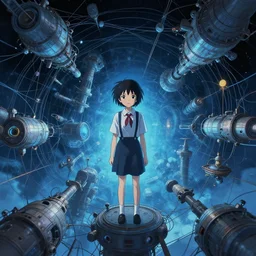 Lain Iwakura, serial experiment lain, space stations surroudned by wire, by Anna Dittmann and Ilya Kuvshinov and studio ghibli and WLOP and Rossdraws, digital art, surreal, trending on artstation, anime arts, featured on Pixiv, blue lighting, HD, 8K, highly detailed, good lighting, beautiful, epic, masterpiece