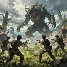 soldiers fighting monsters ; digital painting, anime art, smooth, sharp focus, rule of thirds, from made in abyss