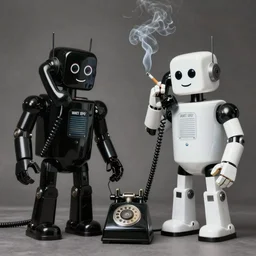 photo of black robot and white robot calling each other with vintage phone and smoking cigarette helmut newton style, award winning photography