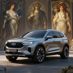 a concept suv designed by ram and ford, artstation, an epic fantasy, cinematic lighting, hyper realistic, photographic, sharp focus, by greg rutkowski and alphonse mucha