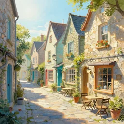 street of teal - stone, sunlight and whimsical houses, cafe tables, painting by james gurney