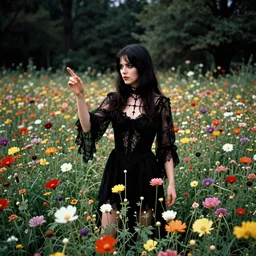 satanic ritual in beautiful meadow of flowers, film photo from 1970s, grainy, high detail, high resolution