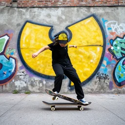 a skateboarder glides past graffiti of WuTang Clan