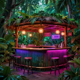 a jungle bar. 80s landscape photo, retrowave, synthwave, highly detailed, hyperrealist, realistic, photorealistic, dynamic lighting.