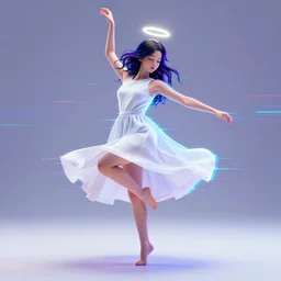 a render of girl in white dress dancing, halo over her head, glitchy, glitch art, Chromatic aberration, nobody knows the future, cinema4d, vray, octane, 8k
