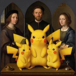 A pikachu family portrait, Family portrait, guild commission, Sienese school, Florentine school, sfumato, chiaroscuro, perspective, foreshortening, proportions, still life, al fresco, panel painting, triptych, diptych, quadriptych, oil on canvas, Artwork by Hubert van Eyck