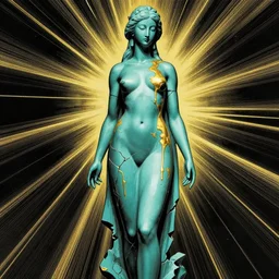 dark manga comic by camille corot, zeng fanzhi, teal chinese abstract statue shattered standing in god rays, beautiful female body and golden glue dripping acrylic portrait, mechanical superstructure, sacred geometry, supermodel body, beautiful light, statue of carving marble, intricate 8 k render, dark mood, cinematic light, golden spirals, clockwork