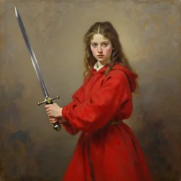 Oil painting of a girl in a bright red robe wielding a medieval short sword