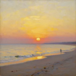 sunset on the beach, impressionism, oil on canvas, natural colors, horizon, golden hour, masterpiece, detailed, by gustave caillebotte