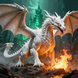 white dragon breeding fire to a emerald castle, dramatic lighting, hyperdetailed, greg rutwoski, trending on arstation