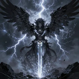 fantasy horror illustration of a dark avenging angel wielding a glowing sword, majestic angel wings, thunderstorm, lightning strikes