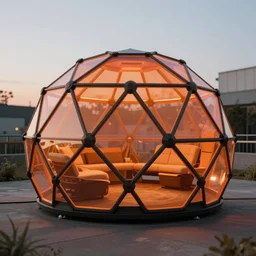 photo of an one - man innovative living pod, orange and black colour palette, geodesic structure, generative design