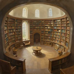 painting of an interior of a hidden ring - shaped library overlooking the great room, well maintained, clean, medieval, fantasy genre, natural light, fantasy, natural light, concept art, by craig mullins, cozy atmospheric and cinematic lighting, trending on artstation