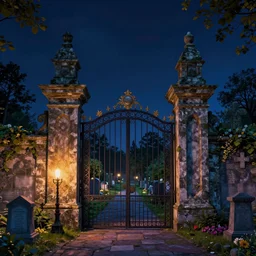 a 3 d render titled before the cemetery gates, moody, romantic, night, exquisite, vibrant colors, ultra wide angle, hdr, masterpiece, cinematic, high detail, by karl kopinski, by kim jung ji