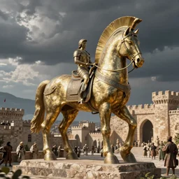a detailed photorealistic image the trojan horse in the city of troy, trending in artstation