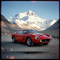 a lomographic photo of old ferrari 4 5 8 italia standing in mount everest, cinestill, bokeh