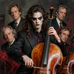 hyper realistic portrait of a peter seiman cello by bob eggleton and affandi and carne griffiths and chiharu shiota, cinematic, artstation, evil, possessed, scary, cgsociety,