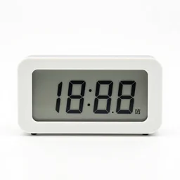 lacquered digital alarm clock, 8k product photo, isolated on a pure white background, centered, entire object in frame, sharp focus, soft studio lighting