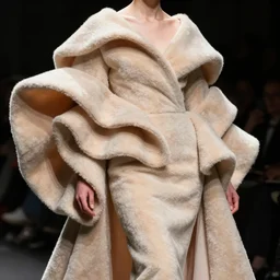 pierre cardin couture accent color design, fold layered flutter, heavy fabric full piece, soft fluffy texture, volume flowing folds aesthetic, femme curvy avant model design posing dramatic shaded lighting photography, 8 k, sharp focus, saturated undertones
