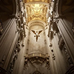 Looking up into interior of art nouveau architecture tower inspired by interior of Cappella della Sacra Sindone, tiny angel floating in center, Otto Wagner, volumetric light, highly detailed, hyperrealism, a sense of awe, octane render, unreal engine, cinematic, epic, deep depth of field, dutch angle, one-point perspective, 8k