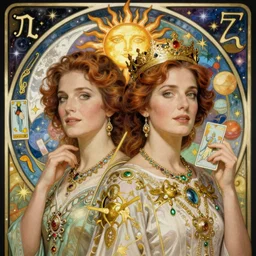 gillian anderson portrait by louis - theophile hingre and alphonse mucha, realistic, sharp focus, zodiac signs, tarot cards, planets, ethereal, art nouveau, magic, moon, sun, crown, dreamy, royal, jewellery