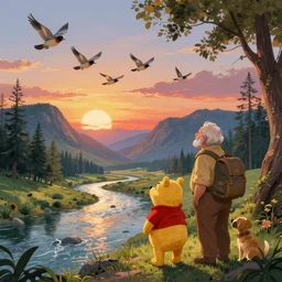 A majestic landscape featuring a river, mountains and a forest. A group of birds is flying in the sky. There is an old man with a dog standing next to him. The man is wearing a backpack. They are both staring at the sunset. Cinematic, very beautiful, painting in the style of Winnie the pooh