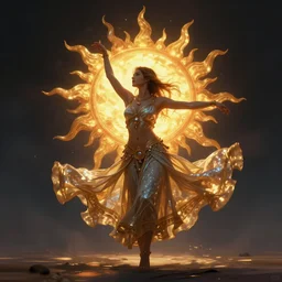 the lady of the sun dancer, atmospheric, ambient, lighting refraction, volumetric lighting, highly detailed, digital art, peter mohrbacher and greg rutkowski, karol bak