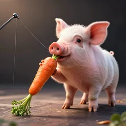 a small human - like pig nibbles on a carrot that it has caught on a fishing rod, trending on artstation, highly detailed 8 k, rendered in unreal engine 5, bloom, dramatic lighting