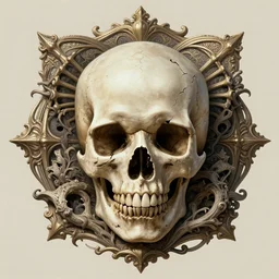perfectly centered portrait front view of a angry dead rotten beautiful broken skull growing ornamentation all around, ornate, detailed, symmetrical, elegant, beautifully soft lit, by wayne barlowe, peter mohrbacher, kelly mckernan