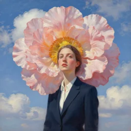 giant flower head, woman in suit, clouds in sky, surreal, impressionist painting, digital painting, artstation, rob gonsalves