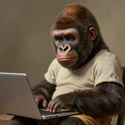 closeup portrait painting of an anthropomorphized young gorilla of 3 0, wearing a t - shirt and shorts, short hair, using a laptop, handsome, confident, full unreal render cinematic lighting art 1 9 2 0 period drama by bussiere rutkowski andreas rocha