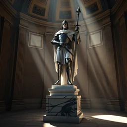 a medium long wide shot of a beautiful marble - statue of a knight on a marble base in the accademia di belle arti, god - rays, dramatic light, sharp focus, global illumination, radiant light, unreal 5, daz, hyperrealistic, octane render, cosplay, rpg portrait, dynamic lighting, intricate detail, harvest fall vibrancy, cinematic