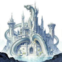 futuristic scifi castle built out of dragon scales in a mire. bande dessinee cover art, watercolor.