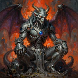 hi - tech version of demon seated by vrubel. highly detailed fantasy science fiction painting. rich colors, high contrast. artstation