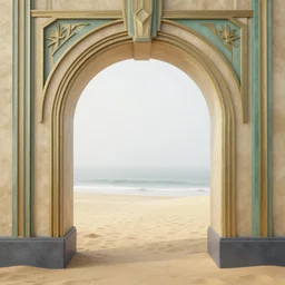 a view of a beach through an arch in a wall, a digital rendering by beeple, cgsociety, art deco, art deco, mist, 3 d