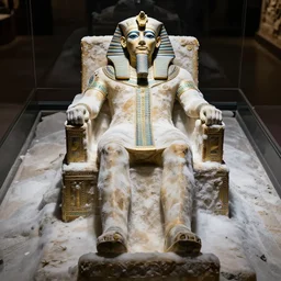 a beautiful tomb in which the king's body has been perfectly preserved dressed in all his regal finery. there is no decay or blemish. his body is frozen in time and his body can clearly be seen sitting on his throne as perfect as in life