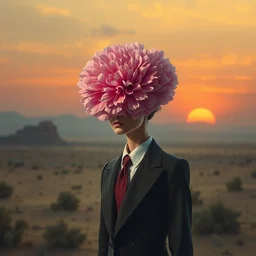 giant carnation flower head girl, suit, desert, surreal photography, sunrise, dramatic light, impressionist painting, digital painting, artstation, simon stalenhag
